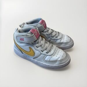 Nike Court Borough Mid 2 Girls shoes in white with gold and pink‎ accents 9.5C